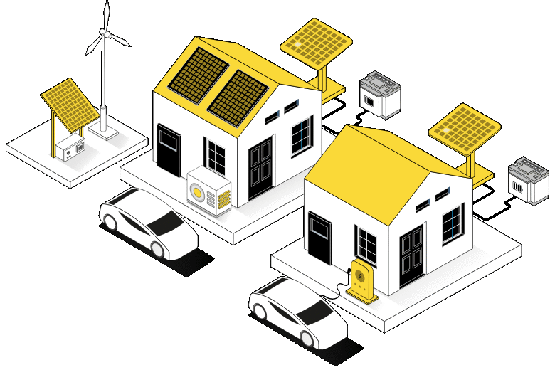 Illustration eines Einfamilienhauses mit Solaranlage, Wärmepumpe, Speicher und Ladepunkt