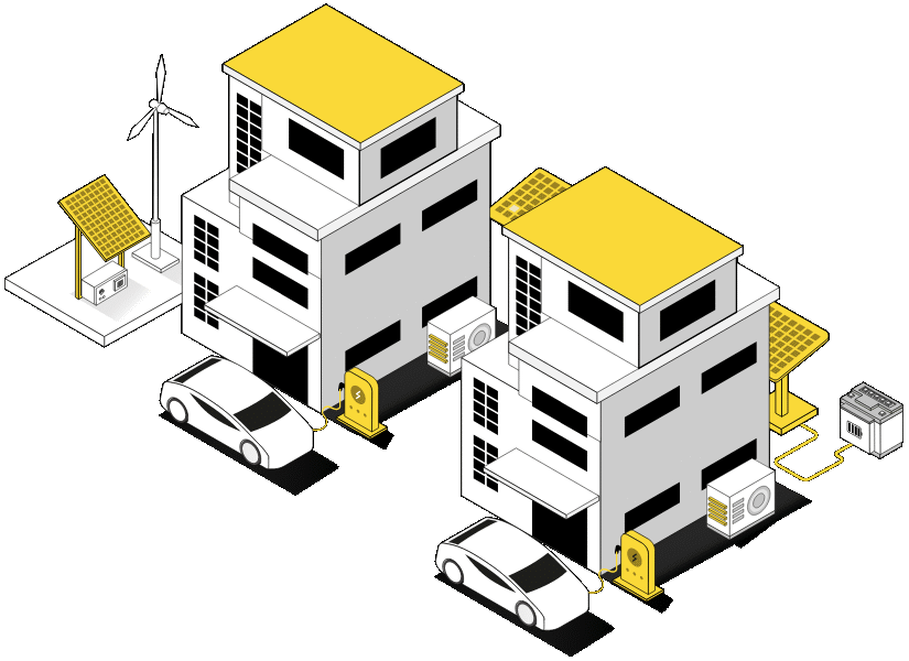 Illustration eines Mehrfamilienhauses mit Solaranlage, Wärmepumpe, Speicher und Ladepunkten für mehrere Parteien